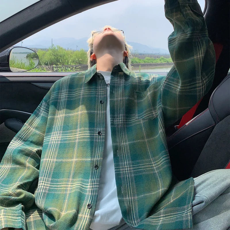 Autumn Long Sleeved Shirt Men Fashion Retro Plaid Shirt Men Japanese Streetwear Hip-hop Loose Casual Shirts For Men Large Sizes voguable