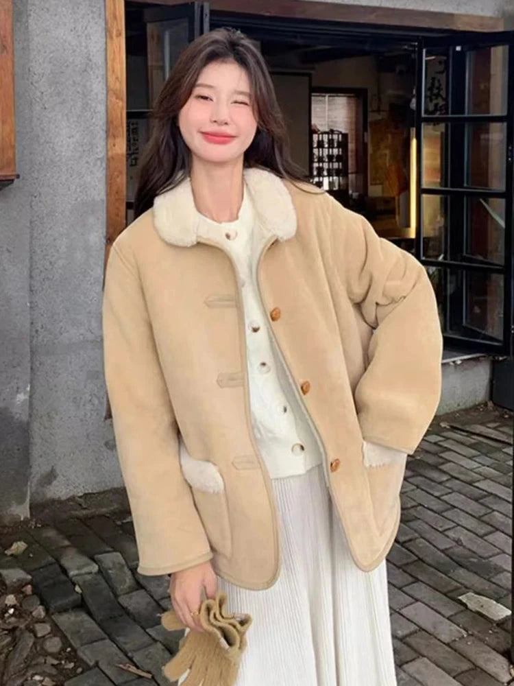 Women Faux Lamb Suede Jacket Winter Warm Long Sleeve Sweet Cotton Coat Korean Pockets Female Thick Vintage Outwear Tops voguable