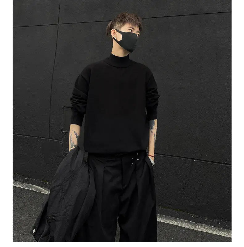 Men's Light Luxury Knit Mock Neck Sweater Autumn Winter Fashion Korean Long Sleeve Streetwear Leisure All-match Knitwear voguable