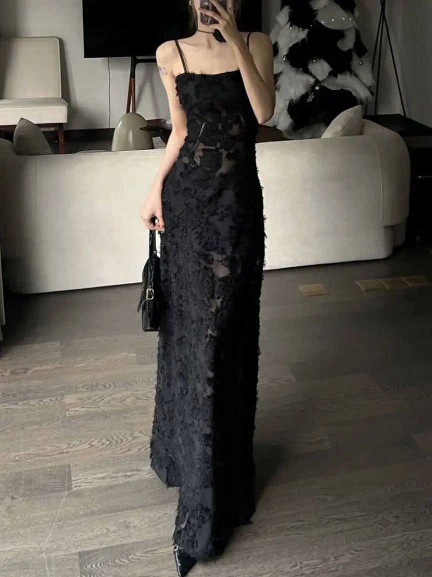 Voguable Black Sexy Party Midi Dress Women Summer See-through Strap Y2k Dress Female Lace Chic Korean Fashion Slim Vintage Dress 2024 New voguable