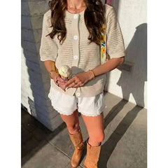 Voguable  Korean Fashion Hollowed Out Round Neck Casual Short Sleeved Cardigan Summer New Solid Color Elegant Women's Knitted Tops voguable