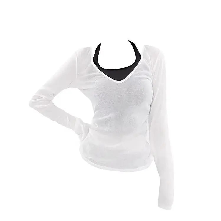 Long Sleeve Women Sun-protective T-shirts+ Camisole Set Korean Slim Basic Elasticity Pullovers Thin Perspective Sexy 2 Piece Set voguable