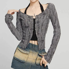 Destressed Two Piece Set Lace-up Cardigan with Cami Women's Y2K Grunge Crop Long Sleeve Criss Cross Knit Tops Acubi Outfit voguable