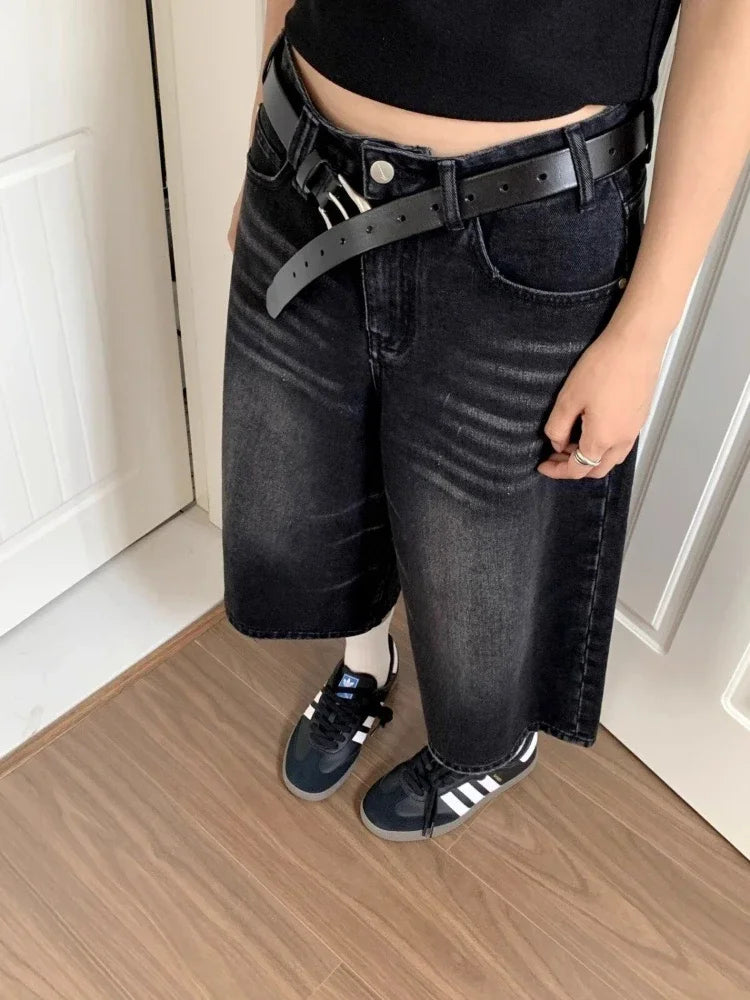 Black Baggy Denim Shorts Women Y2k Vintage Wide Leg Jorts Washed High Waist Streetwear Casual Fashion Loose Trousers voguable