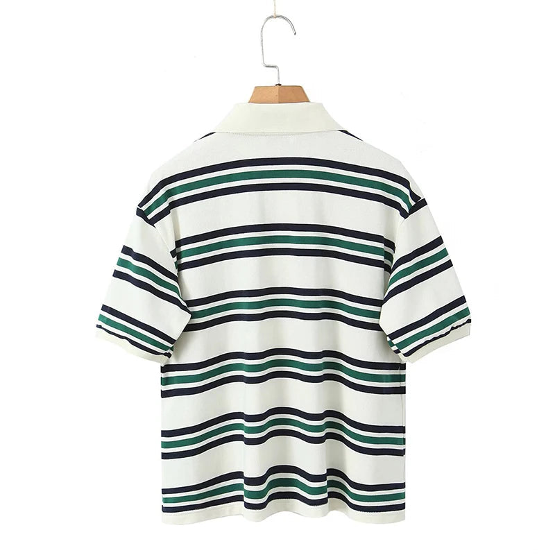 Women American Retro Contrasting Striped T Shirt Women Polo Collar Short Sleeve Preppy Vintage Tees Y2K Tops voguable