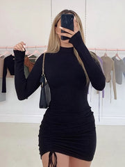 Long Sleeve Ruched Bodycon Dress Women Turtleneck Bandage Mini Dresses Autumn Black Skinny Stretchy Party Vestidos voguable