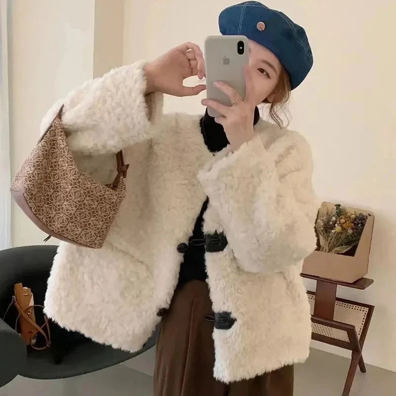 Korean Winter Faux Lamb Coat Women Slim Long Sleeve Warm Sweet Jacket Preppy Style Casual O Neck Female Cute Solid Tops New voguable
