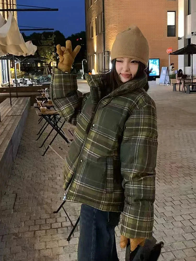 Retro Streetwear Y2K Plaid Parkas Women Winter Warm Thick Hip Hop Cotton Coat American Harajuku Stand Collar Bf Vintage Jacket voguable