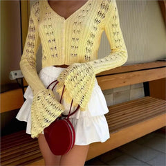 2025 New Knit Flare Sleeve V-neck Hollow Out Short Coat Fashion Casual Button Transparent Summer Cardigan Top Cover-up Jacket voguable