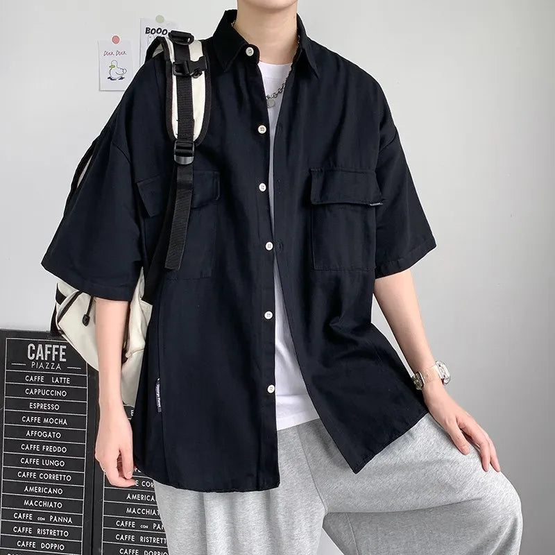 Working Pocket Solid Color Pure Cotton Short-sleeved Shirt Fashionable Summer Lapel Button Functional Half-sleeved Cardigan voguable