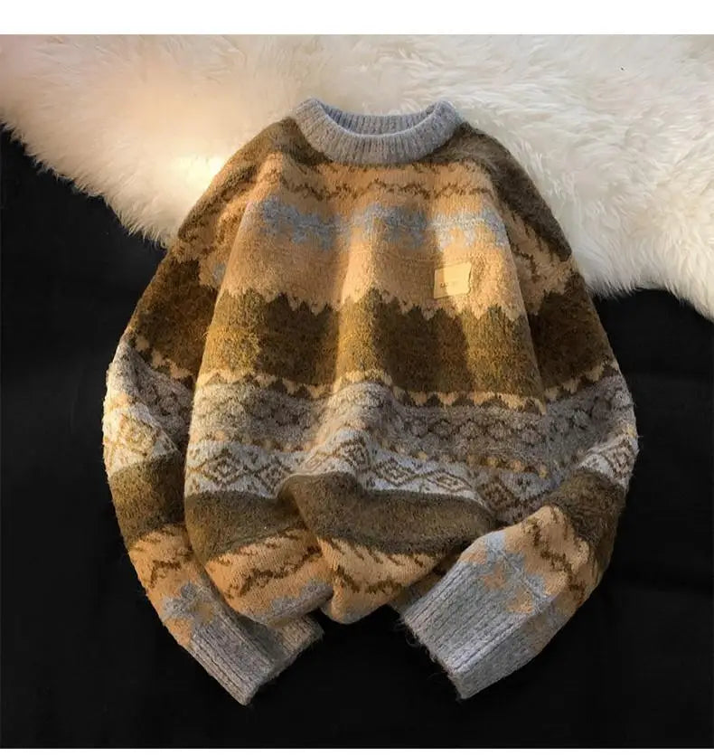 Vintage Boho Floral Striped Sweater Women Warm Winter Long Sleeve Tops Men Hip Hop Couples Teens Pullover Korean Fashion Clothes