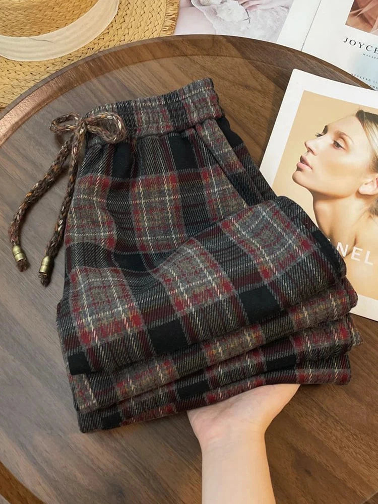 Retro Streetwear Plaid Pants Women Lace Up Loose Hip Hop Straight Trousers High Waist Casual Vintage Harajuku Bf Wide Leg Pant voguable