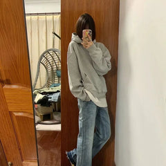 Voguable  American Retro Gray Hooded Sweatshirt Student Simple Solid Color Hoodie voguable