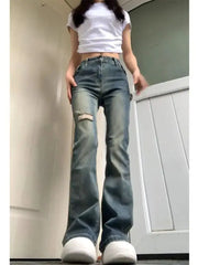 American vintage Micro-Pull Ripped Jeans Women Summer 2023 New Small Gyaru High Waist Slimming Straight Pants voguable