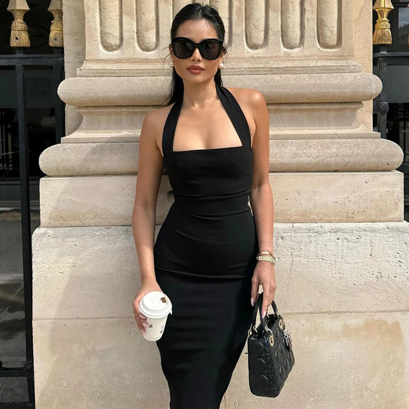 TARUXY One-Shoulder Bodycon Black Evening Dress For Women Sexy Backless Sleeveless Neck-Mounted Long Party Dress Female Elegant voguable