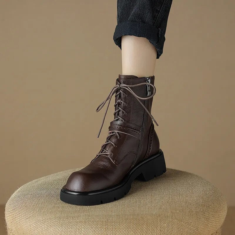 Platform Boots Cross-Tied Women Ankle Boots Side Zipper Leisure Motorcycle Boots Autumn Winter Round Toe Casual Outdoor New voguable