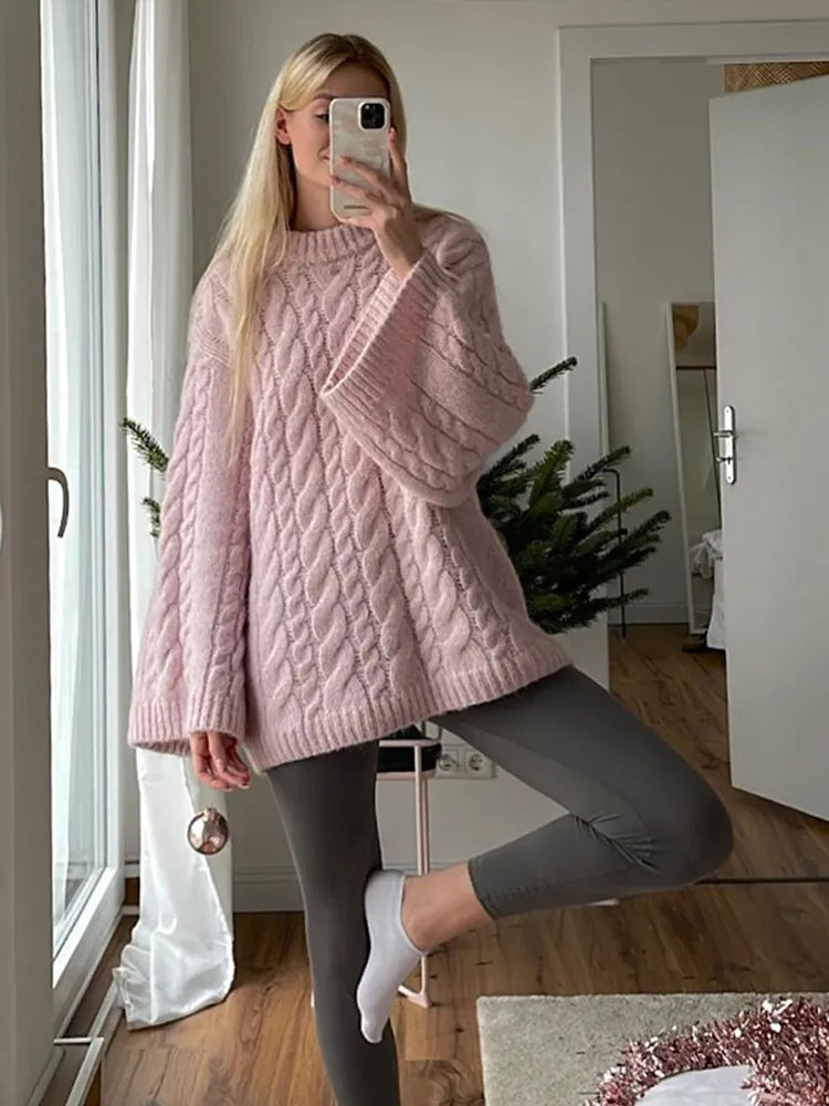 Elegant Sweet Pink Round Neck Knitted Sweater Women Casual Long Sleeve Loose Warm Pullover 2024 New Autumn Lady Commute Knitwear voguable