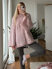 Elegant Sweet Pink Round Neck Knitted Sweater Women Casual Long Sleeve Loose Warm Pullover 2024 New Autumn Lady Commute Knitwear voguable