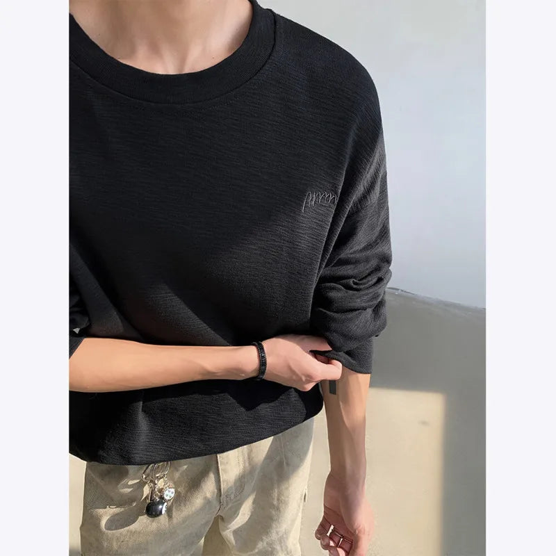 Spring Cotton Long Sleeved T-shirt Men Black White Casual T Shirt Men Streetwear Korean Loose Round Neck T Shirt Mens Top M-3XL voguable