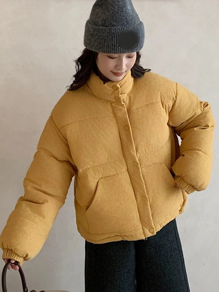 Women Sweet Corduroy Parkas Warm Long Sleeve Retro Stand Collar Cotton Coat Winter Thick Casual Preppy Style Korean Jacket voguable