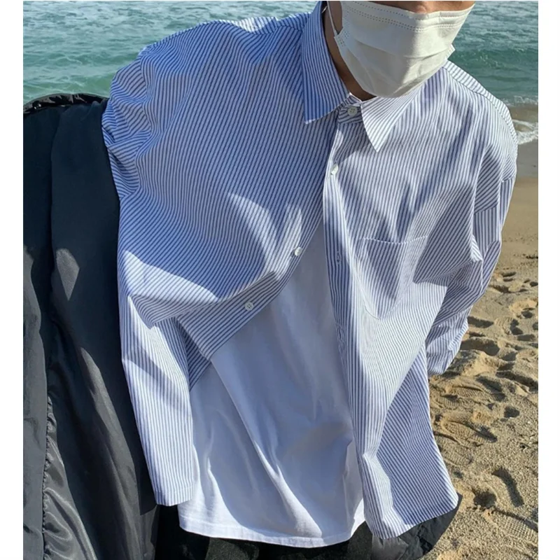 Man Stylish Button Blouse Simple Striped Long Sleeve Summer Spring Cardigan Stripe Blue Classic Casual Oversize Button Up Shirts voguable