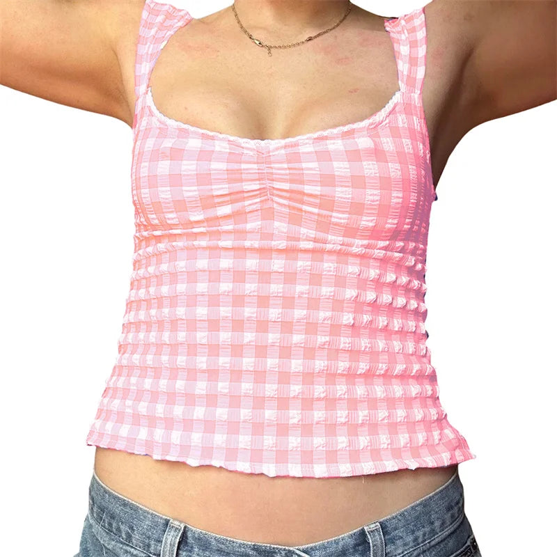 y2k Tops for Women Summer Fairycore Clothing Plaid Print Lace Trim Sleeveless Tanks T Shirts 2000s Clothing Streetwear voguable