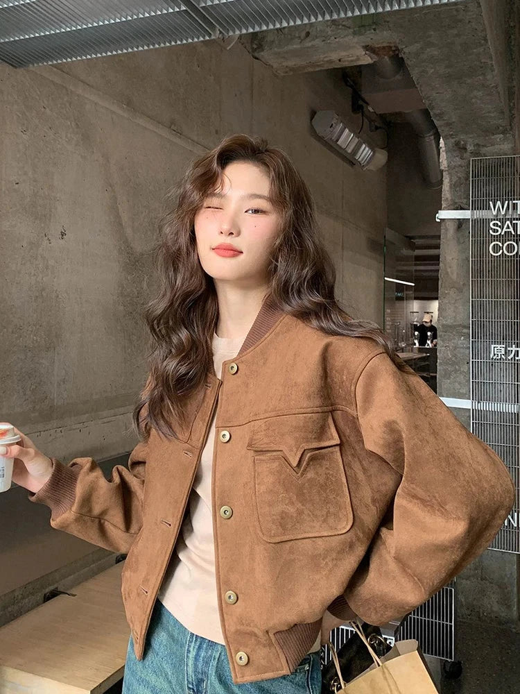 Y2K Retro Baseball Jacket Women Faux Suede Long Sleeve Fall Winter Coat Streetwear Casual American Vintage O Neck Bf Tops voguable