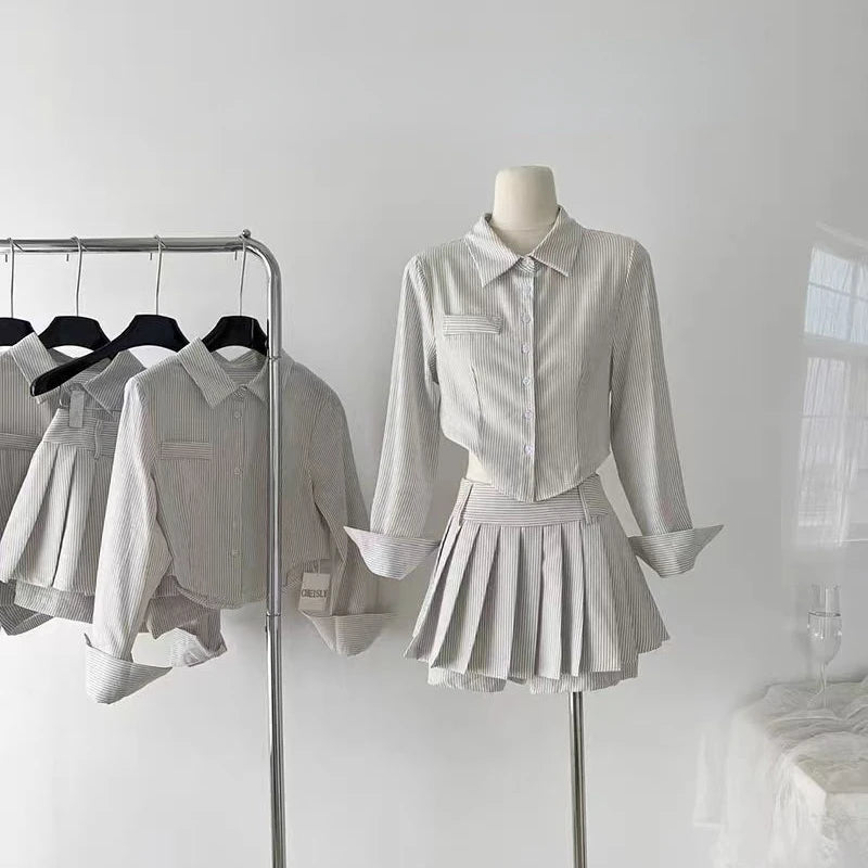 Voguable  Sweet Hot Girls Sexy Preppy Style Suit Women's Spring/Autumn Irregular Long-sleeved Short Shirt Pleated Mini Skirt Two-piece Set voguable