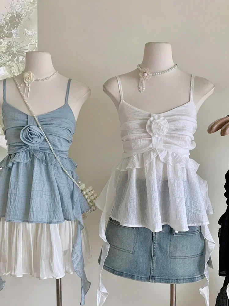 Voguable  Summer Women Sweet Halter Top Cute Core Gyaru French Vintage Camisole Coquette 2000s Aesthetic Ruffle Mori Girl Hot Sexy Kawaii voguable
