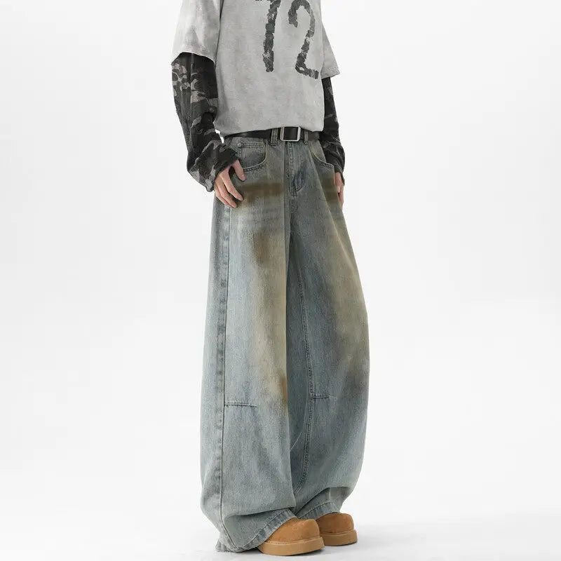 Men Baggy Wide Leg Jeans Washed High Street Fashion Trendy Casual Streetwear Oversized Fit Light Blue Vintage Wash Trousers voguable