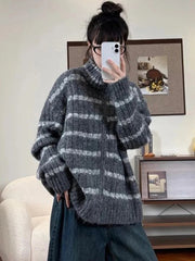 Lazy Wind Vintage Striped Cardigan Women Casual Preppy Style Loose Knitted Sweaters Japan Retro Stand Up Collar Long Sleeve Tops voguable