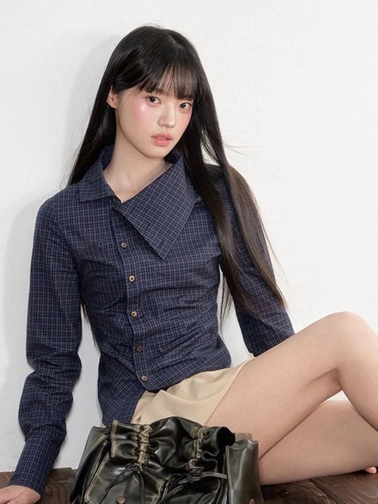 Vintage Slim Plaid Shirt Women Elegant Fall Long Sleeve Design Blouse Casual Preppy Style Female Retro Korean Sweet Tops voguable