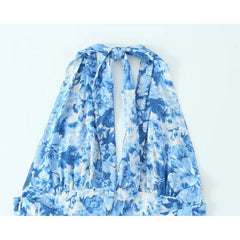 Voguable  Women Sexy Backless Halter Blue Floral  Print Midi Dresses Sleeveless Female Holiday Summer Dresses voguable