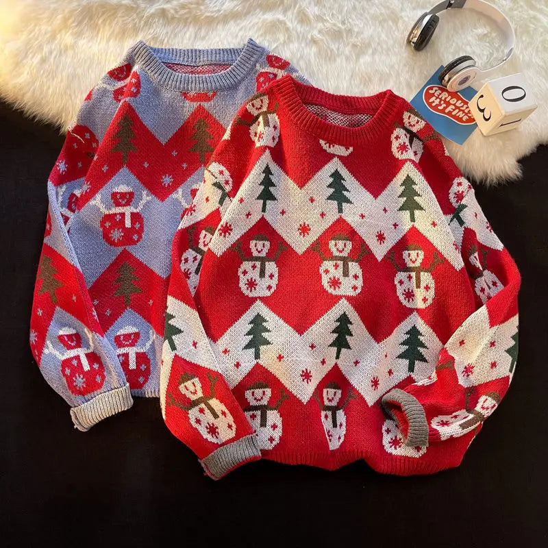 New Year warm pullovers round neck sweater women street stitching Christmas tree jacquard sweater ins couple loose in winter voguable