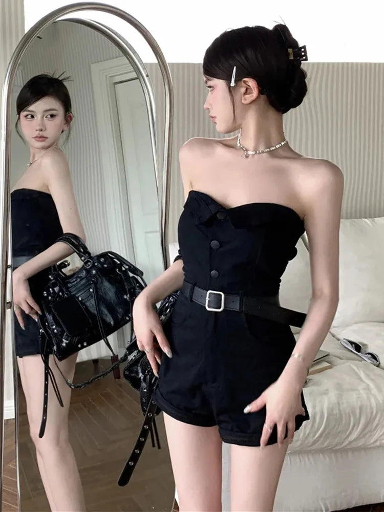 Black One Shoulder Strapless Jumpsuit Women Summer New Hottie Temperament Casual Tube Top High Waist Slim Wide Leg Shorts voguable