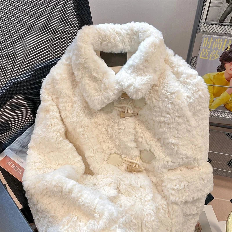 Warm Faux Lamb Cute Coat Women Sweet Long Sleeve Winter Thick Jacket Casual Pockets Japan Kawaii Loose Soft Vintage Tops voguable
