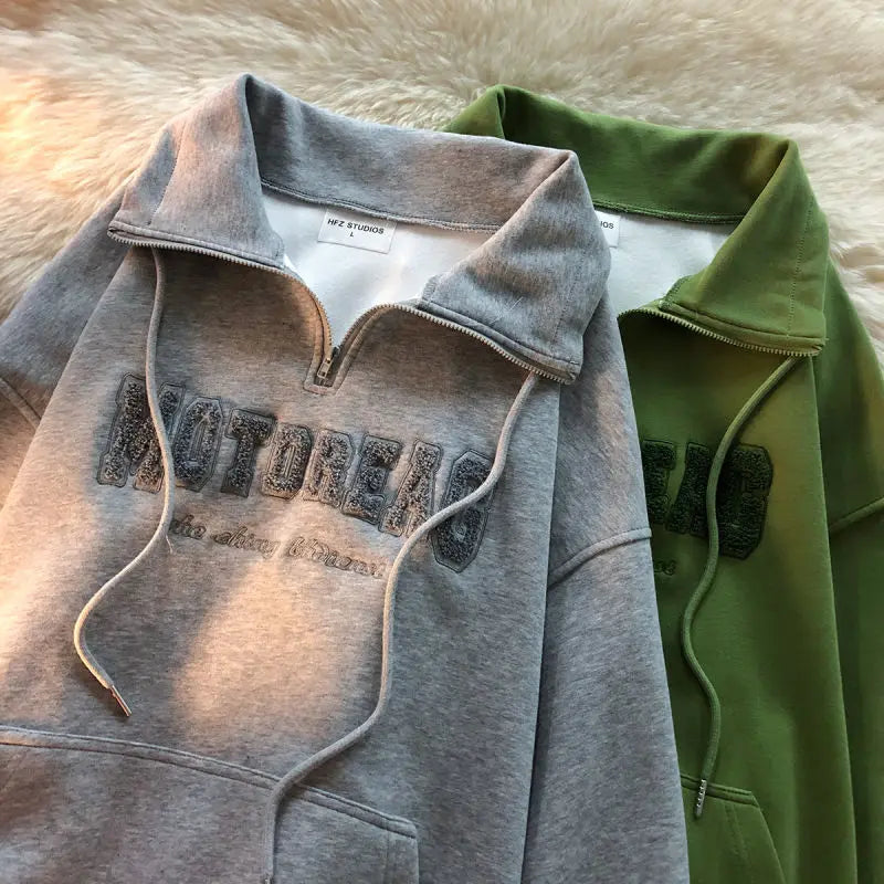 Voguable Green Vintage Zipper Draw String American Hiphop Sweatshirt Women Long Sleeve Pullover New Spring Loose Ins Thin High Street Top voguable