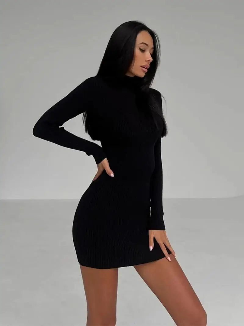 Knitted White Dress Women Elegant Fashion Turtleneck Bodycon Midi Dresses Female Autumn Winter Long Sleeve Slim Streetwear Dress voguable