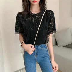 Voguable  Elegant Hollow Out Lace Shirt Woman Summer Sheer O-Neck Short Sleeve T-shirt Women Loose Crochet Flower Sun Shirts Ladies Tops voguable