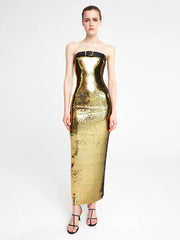 Guest Wedding Party Dress Women Strapless With Black Belt Luxury Gold Sequins Slip  Ankle Length Long Dress voguable