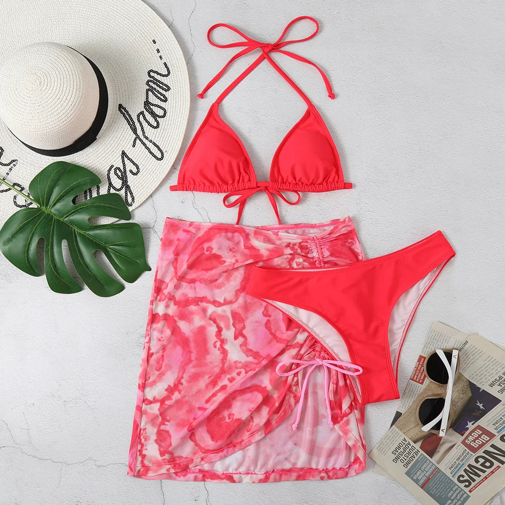 Voguable  3 Pieces Bikini Set With Skirt  Tie Dye String Thong Bathing Suit Women Swimsuit Female  Swimwear Beach Wear Swim Lady Summer voguable
