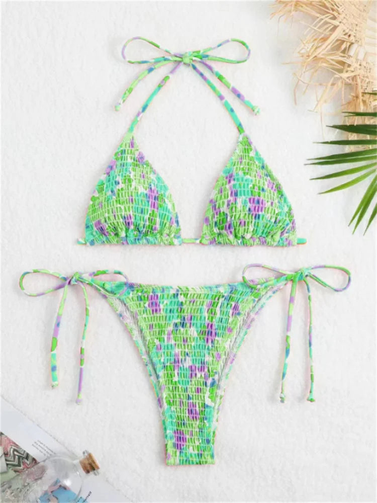 Voguable Sexy Micro Bikini 2024 Women Pink Floral Print Pleate Tie Side Triangle Swimsuit Brazilian Halter Push Up Bathing Suit Swimwear voguable