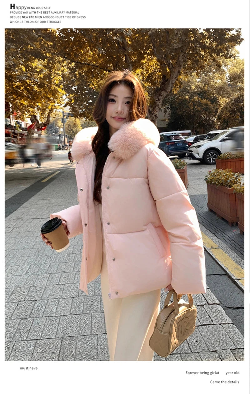 Preppy Style Sweet Parkas Women Cute Long Sleeve Vintage Faux Fox Hooded Cotton Coat Korean Winter Thick Warm New Outwear voguable