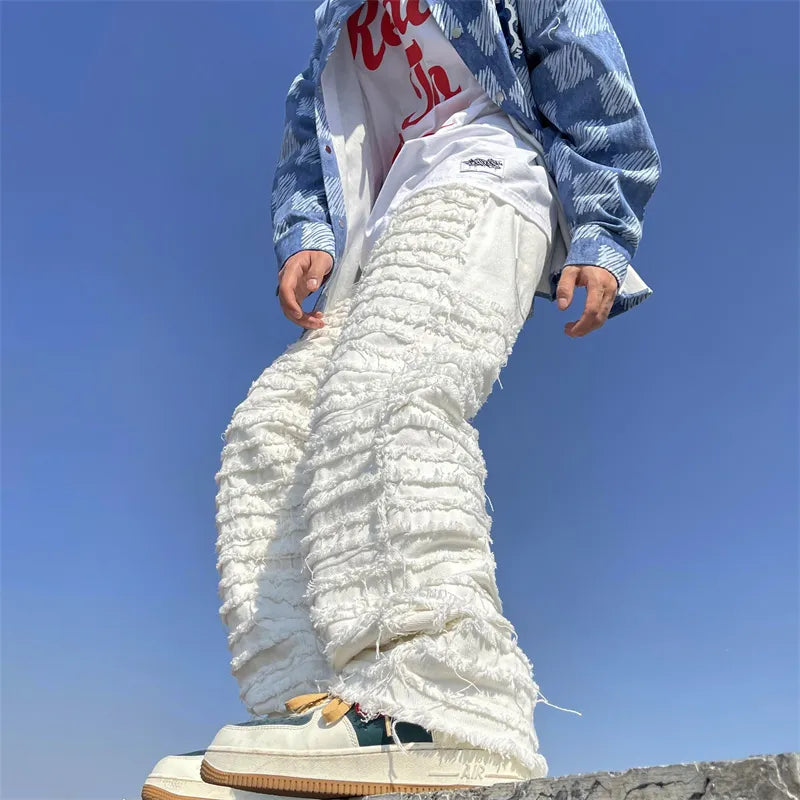 White Hip Hop Jeans Striped Tassel Frayed Straight Baggy Jeans Pants Harajuku Male Female Solid Streetwear Casual Denim Trousers voguable