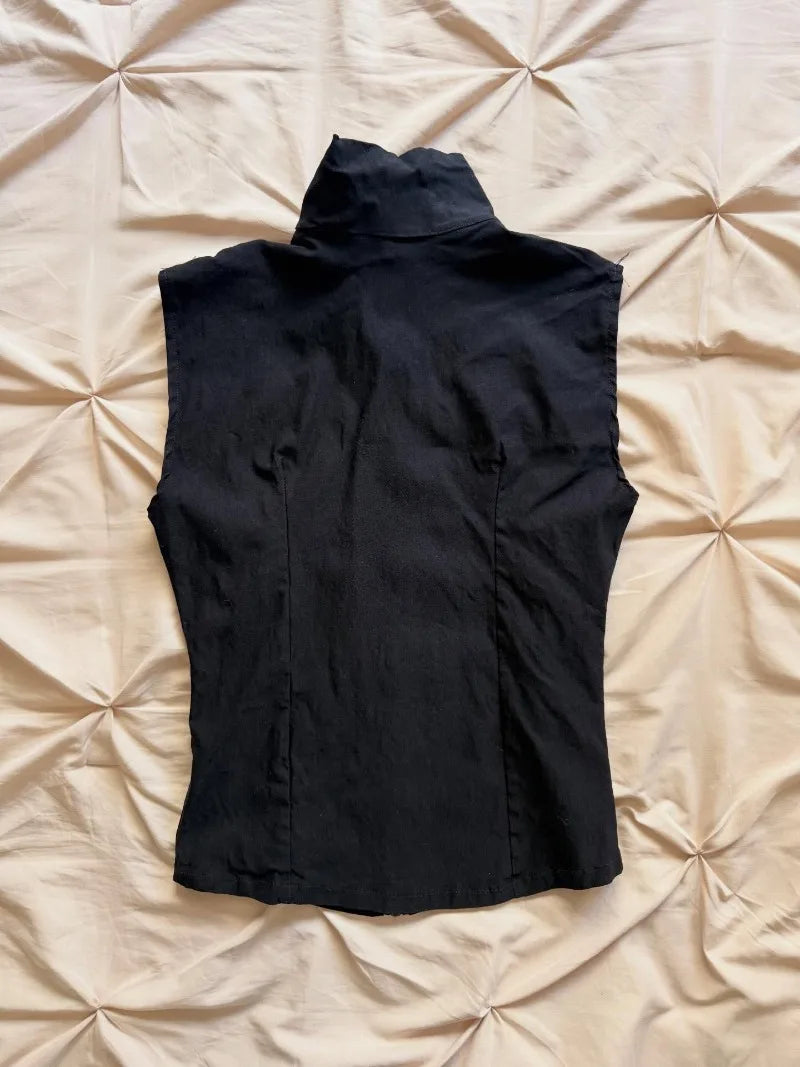 Voguable  Women Gothic Black Corset Vest Eyelet Metal Buckle Sleeveless Zip Up Crop Top Streetwear voguable