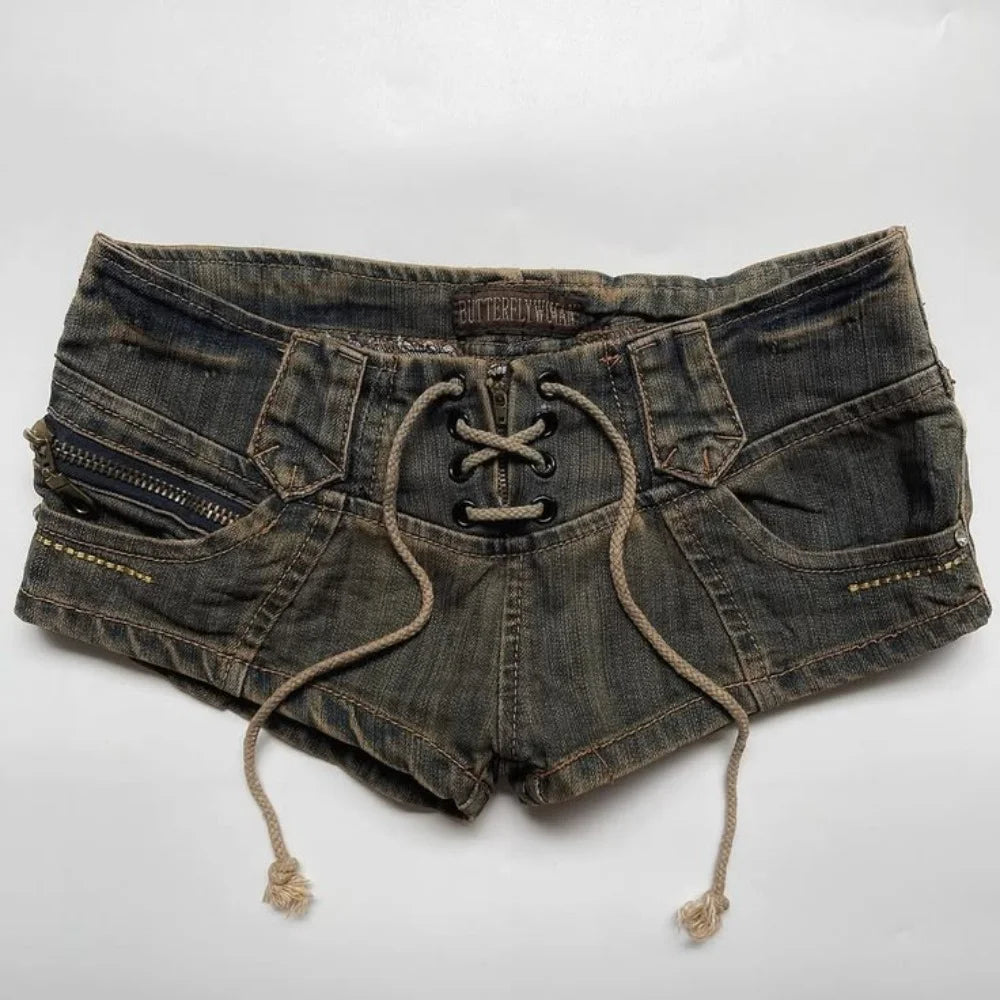 Voguable  Y2K Retro Washed Denim mini Shorts for Women, Low Waisted Lace up Retro Ultra Short Jeans, Gothic Street Style Hot Pants voguable