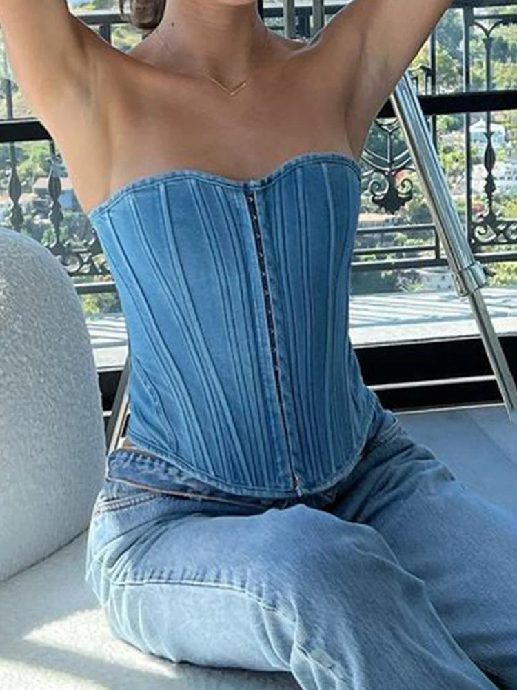 Voguable  Strapless Denim Corset Women Backless Lace-up Sexy Bustier Night Clubwear Elegant Basic Tube Top Y2K Jean Cami Ladies voguable