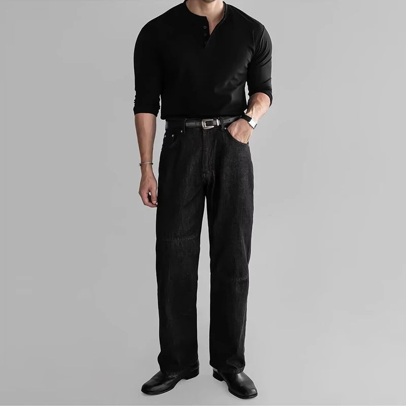 New American Fashion Men Henry Collar T-shirt Light Luxury Solid Color Long Sleeve Tops Leisure Light Business Basic Shirt M-3XL voguable
