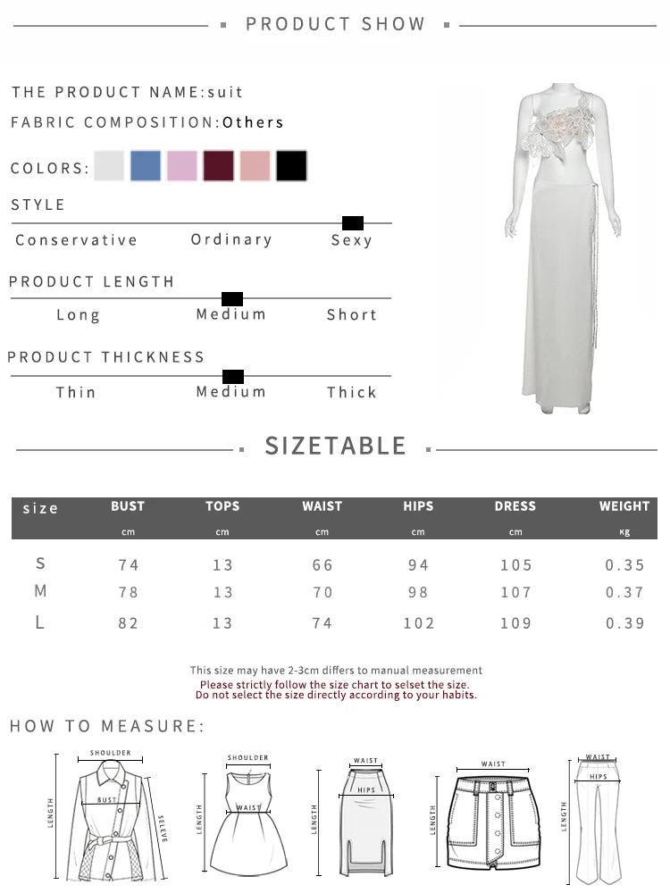 Voguable  Sequin Flowers Y2K 2Piece Set Women Sexy Beach Vacation Chic Skew Collar Tank Tops+Bandage Maxi Split Skirts Clubwear voguable