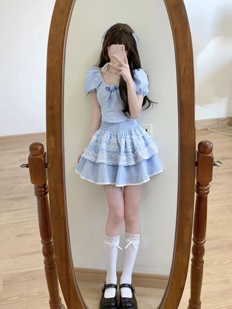 Voguable 2024 Summer Lolita Kawaii Suit Woman Lace Sweet Plaid Set Casual Short Tops Princess Party Y2k Mini Skirt Fashion Clothing Chic voguable